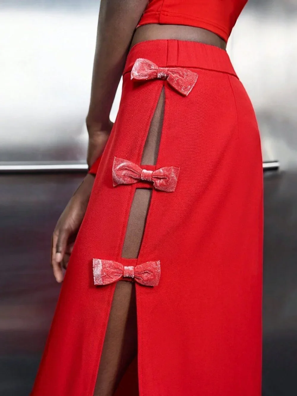 Red Elegant Women's Romantic High Side Slit Bow-Decorated Maxi Skirt